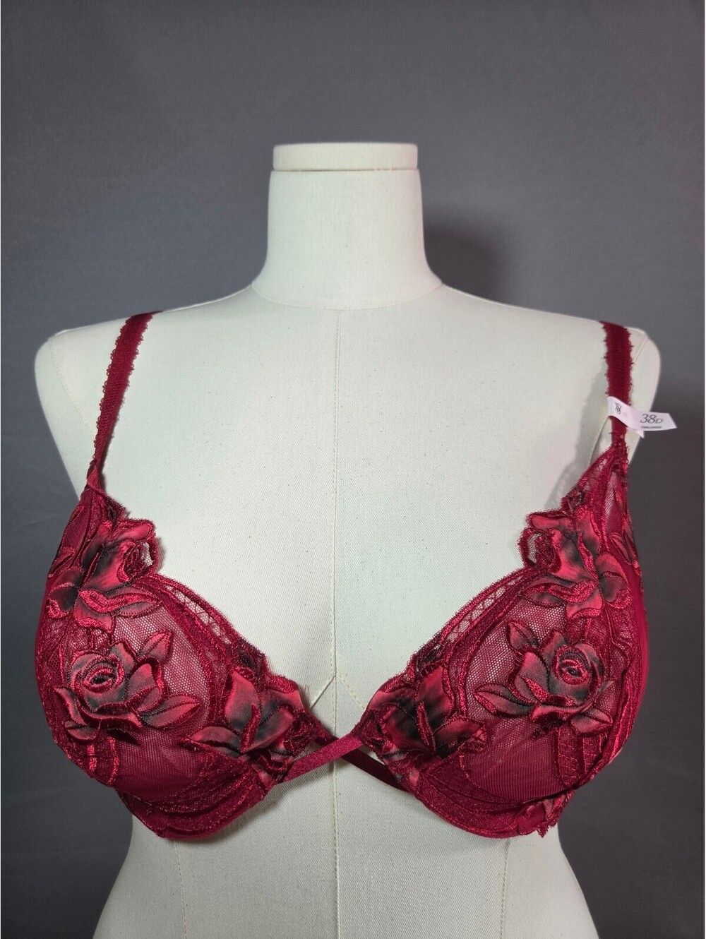 Victoria's Secret Very Sexy 38D Unlined Demi Bra Burgundy Rose Embroidered NWT
